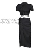 Hnewly Chinese Style Sexy Slim Bandage Dress Set Women Hollow Out Short Sleeve Crop Tops Drawstring